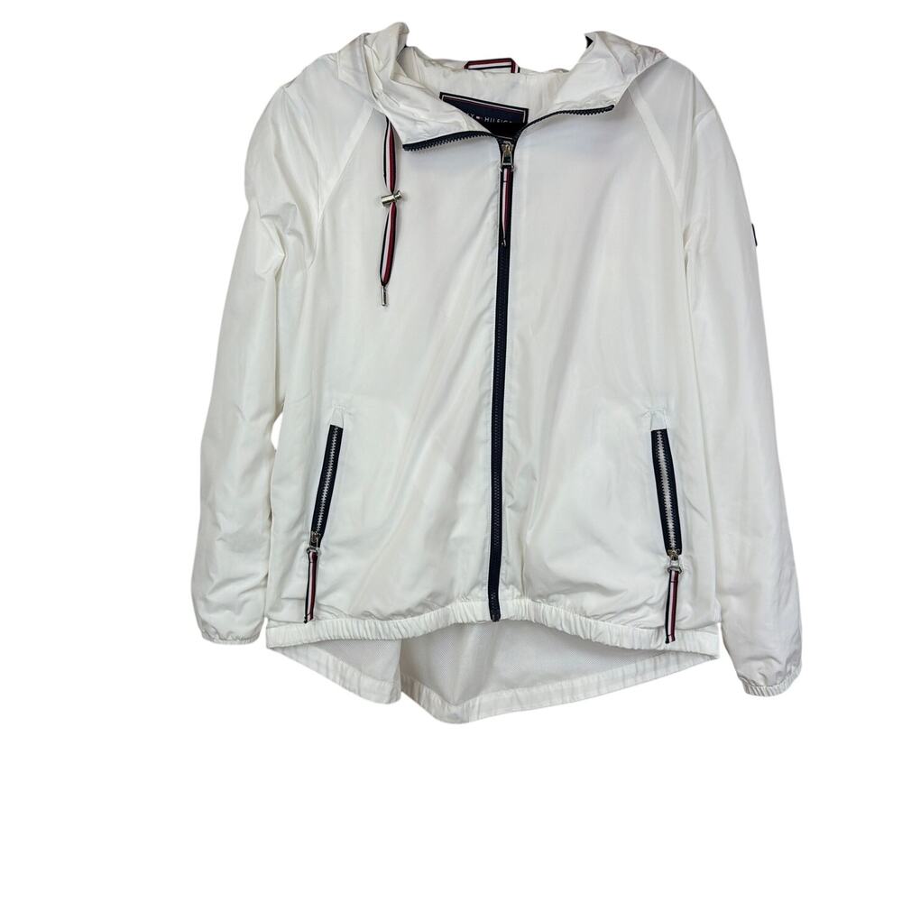 Tommy Hilfiger White Long Sleeve Hooded Zip Up High Low Coat L